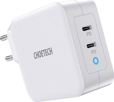 Полнач за ѕид Choetech PD 100W GaN, две порти USB C, со кабел USB C, бел