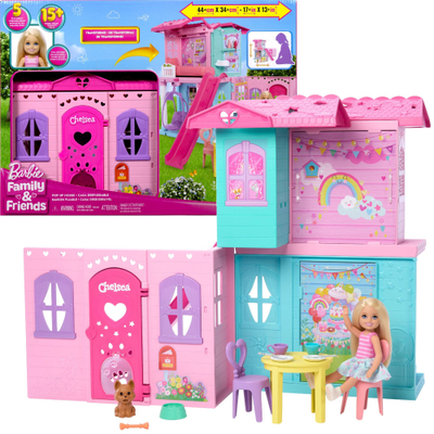 Set loje Barbie Club Chelsea Pop up House, shpi lodër, me kukull edhe aksesorë, shumëngjyrshe