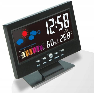 Stacion moti i zi me ekran LCD, orë edhe kalendar, termometër edhe higrometër