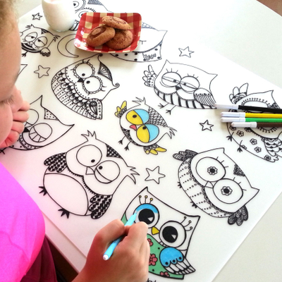 Tapet tavoline Funny Mat Owls, për ngjyrosje, 68 x 48 cm, i bardhë