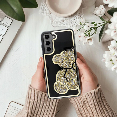 Mbrojtëse telefoni Teddy Bear për Samsung Galaxy A13 4G, PU TPU, me shkëlqim, ngjyrë gold