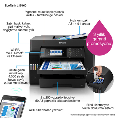 Pajisje multifunksionale Epson EcoTank L15160, A3, WiFi, e zezë