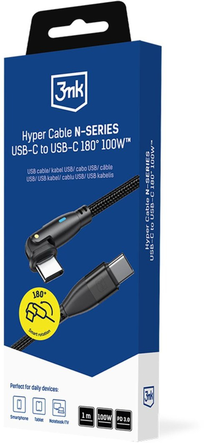 Kabllo 3mk Hyper Cable N-Series USB-C në USB-C, 1m, 100W, i zi
