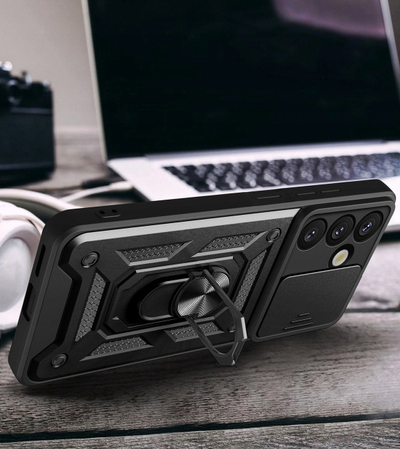Mbulesë telefoni Hurtel Hybrid Armor Camshield për Vivo V50 5G, me mbrojtje kamere, me stendë, e zezë