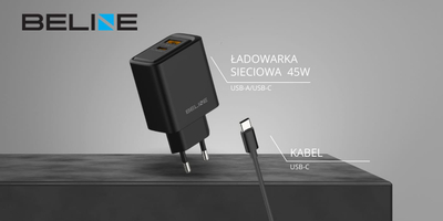 Karikues muri Beline 45W GaN, USB A USB C, me kabllo USB C në USB C, i zi