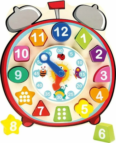 Orë druri me forma Bino Wooden Shape Sorting Clock, lodër didaktike shumëngjyrëshe