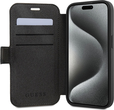 Kapak telefoni Guess 4G Logo për iPhone 15, tip portofol, me vende për karta, gri