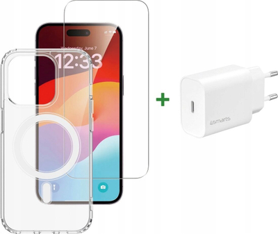 Set aksesorësh 4smarts 3in1 Premium Starter, për iPhone 15 Pro Max, USB C PD 20W, transparent