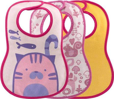 Pelerinë bebe Chicco Bib Girls, set me 3 copë, pambuk, 35.5 cm, rozë, e bardhë edhe e verdhë
