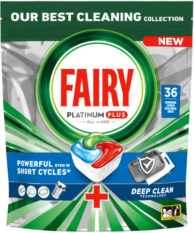 Детергент за машина за садови Fairy Platinum Plus All in One, 36 парчиња, професионално чистење