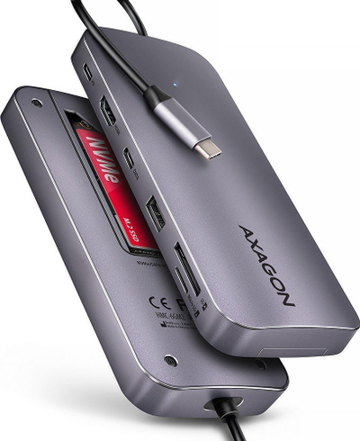 USB HUB Axagon HMC-6GM2, USB-C 10Gbps, 6‑në‑1, HDMI 4K, PD 100W, gri