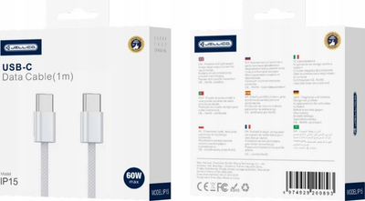 Kabllo karikimi Jellico IP15, USB-C në USB-C, 60W PD, 1m, e bardhë