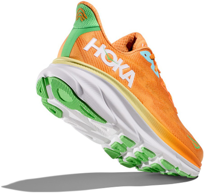 Патики за трчање HOKA Clifton 9 2E Wide, дишлива мрежа, висока амортизација, повеќебојна портокалова