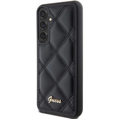Mbulesë telefoni Guess Quilted Metal Logo për Samsung Galaxy S23 FE, lëkurë eko, e zezë