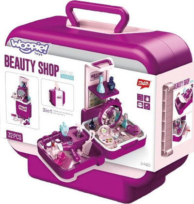 Set lojrash bukurie Woopie Beauty Shop, sallon me pasqyrë dhe aksesorë, valixhe 3 në 1, rozë
