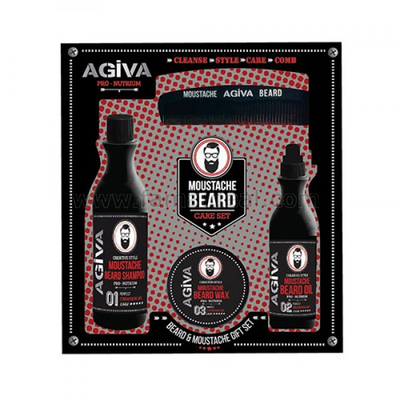 Set për mjekërr dhe mustaqe Agiva, Shampon 180 ml + Vaj ushqyes 100 ml + Dyll 35 ml + Krahër
