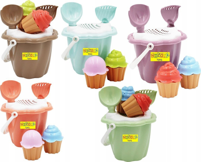 Set rëre për kalamaj Nicola Toys Mini, kovë, lopatë, grep, forma kupcake shumëngjyrëshe