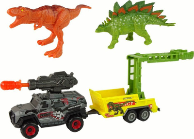 Set lodrash dinozaurë me makinë rakete dhe rimorkio, 2 figura
