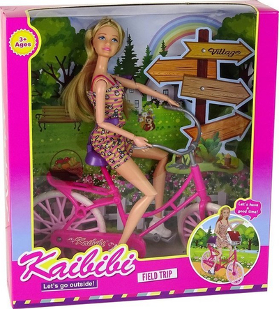 Set lodrash LeanToys Doll on a Bicycle, gocë me biçikletë, plastik, rozë