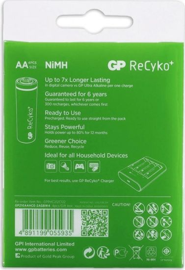 Bateri të rimbushme GP ReCyko+ AA R6, 2100mAh, paketim me 4 copë, jeshile