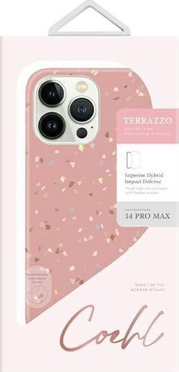 Këllëf telefoni Uniq Coehl Terrazzo për iPhone 14 Pro Max, i fortë kundra goditjeve, rozë coral