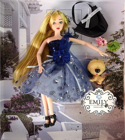 Kukull LeanToys Emily me qenush edhe çantë, 30 cm, për kalamaj 3+, me ngjyrë blu të errët