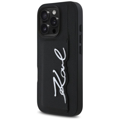 Mbrojtëse telefoni Karl Lagerfeld KLHCP16LPGPVKSK për iPhone 16 Pro, Grained PU, me mbajtës karte, e zezë
