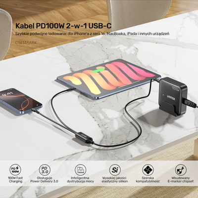 Kabllo USB-C Unitek 2n1 PD 100W, silikon, 1.8m, e zezë