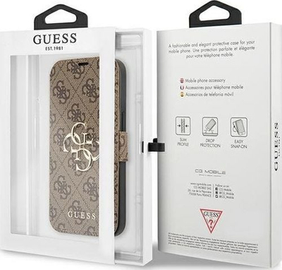Kapak libri Guess GUBKP13X4GMGBR për iPhone 13 Pro Max 6.7", lëkurë ekologjike, logo metalike 4G, kafe