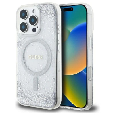 Kukull telefoni Guess Resin Gradient Glitter për iPhone 16 Pro 6.3", MagSafe, ngjyrë argjendi