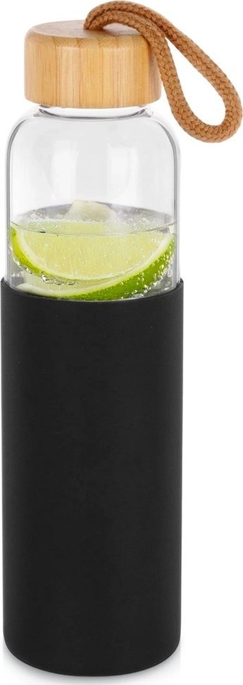 Shishe qelqi për pije Vilde, 0.5L, kapak bambuje, me mbulesë silikoni të zezë