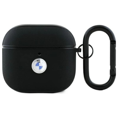 Kllëf BMW për AirPods 4 me lëkurë të vërtetë, logo metal, i zi
