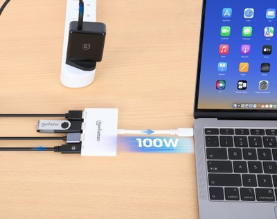 Hub USB Manhattan Type C, 3 porta USB 3.0, Power Delivery, i bardhë
