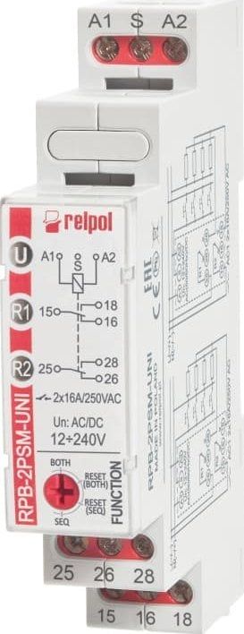 Rele bistabile F&amp;F RPB-2PSM-UNI, 2 kontakte 16A, 12-240V AC/DC