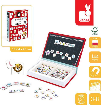 Lojë magnetike alfabeti polak Janod Magnetibook, puzzle magnetike, për fëmijë, shumëngjyrëshe