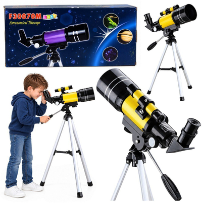 Teleskop për fëmijë LeanToys, zmadhim 150x, me trekëmbësh, i verdhë