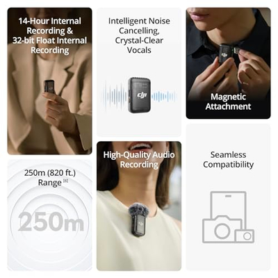 Mikrofon pa tela DJI Mic 2, sistem 2.4GHz, audio profesionale, i zi