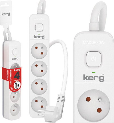 Shtrirës elektrik Kerg KERG, 4 fole, 1.5m, 16A, i bardhë gri