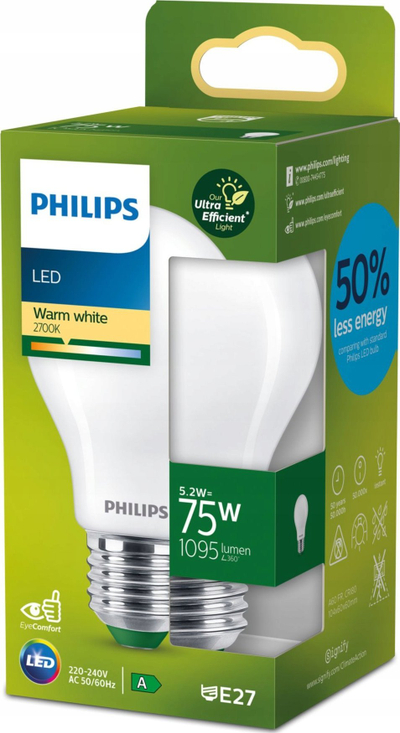 Llampë LED Philips A60 me kokë E27, 5.2W, 1095lm, 2700K, xham mat