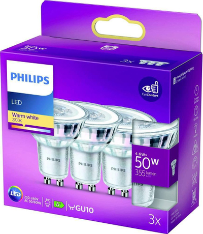 Set llampa LED Philips GU10, 3 copë, 4.6W 2700K, 355lm, e bardhë