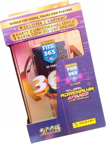 Set kartash Panini FIFA 365 Adrenalyn XL 2025 Metal Box, 7 paketime, 46 letra, shumëngjyrëshe