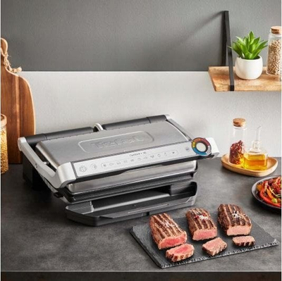 Grill elektrik Tefal Optigrill Plus XL GC728D10, sipërfaqe e madhe pjekjeje, shtresë jo-ngjitëse, gri metalik