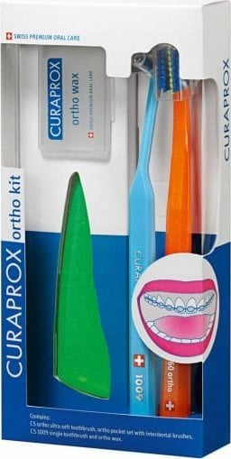 Сет за ортодонтски апарат Curaprox Ortho Kit, специјална четка за заби, восок за апарат