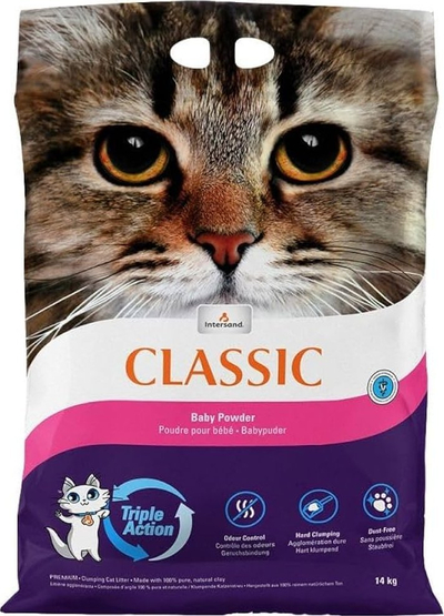 Rërë për mace Intersand City Classic Baby Powder, që bohet toptha, me erë baby powder, 14 kg
