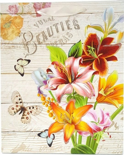 Qese dhurate me lule Flowers V-226, 32×26×12 cm, set 12 copë, me ngjyra