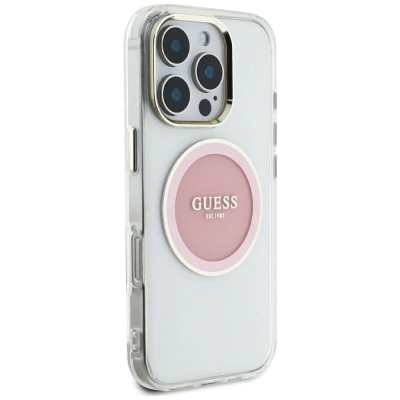 Футрола за телефон Guess IML Metal Colored Circle MagSafe, за iPhone 16 Pro Max, проѕирна, розова