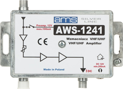 Amplifikator antene AMS AWS-1241, për sinjal TV, kompakt, gri