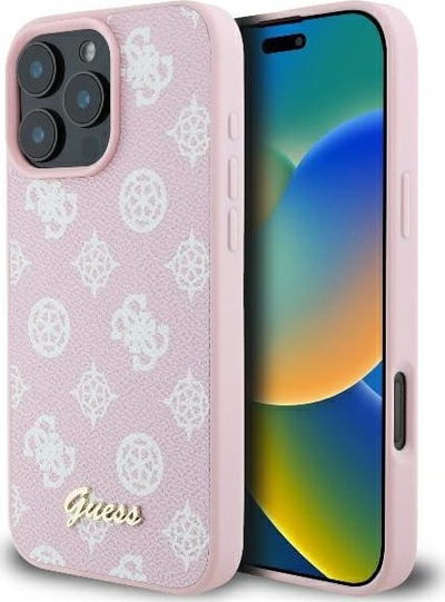 Mbrojtëse telefoni Guess Peony Script MagSafe, për iPhone 16 Pro 6.3", hardcase, rozë