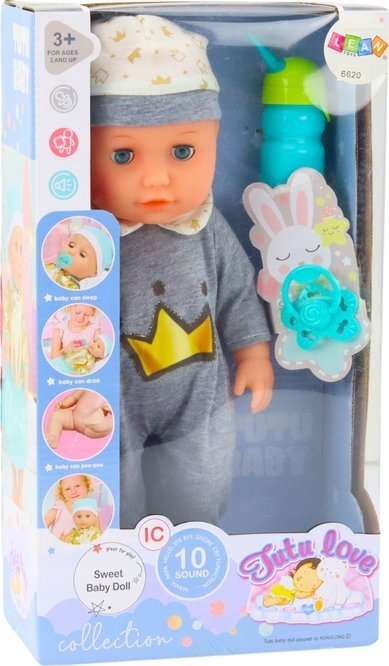 Kukull bebe Baby Doll, me pizhamë gri, biberon dhe cucë, me tinguj