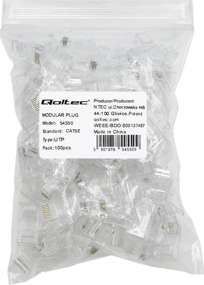 Fishe rrjeti Qoltec RJ45, CAT5e UTP, kontakte të veshura me ar, 100 copë